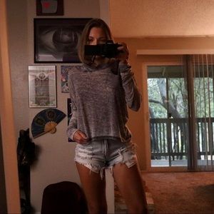 Grey hooded long sleeve shirt